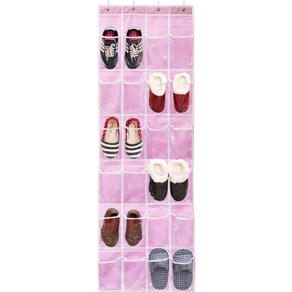 24 Pockets Crystal Clear Over The Door Hanging Shoe Organizer Pink - Picture 3 of 5